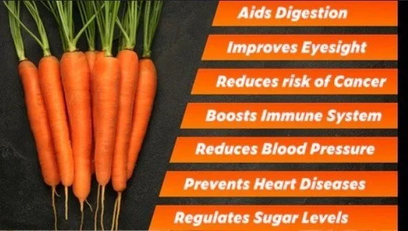 Bunch of carrots with health benefits text listed alongside, including aiding digestion, improving eyesight, reducing cancer risk, boosting immune system, reducing blood pressure, preventing heart diseases, and regulating sugar levels.