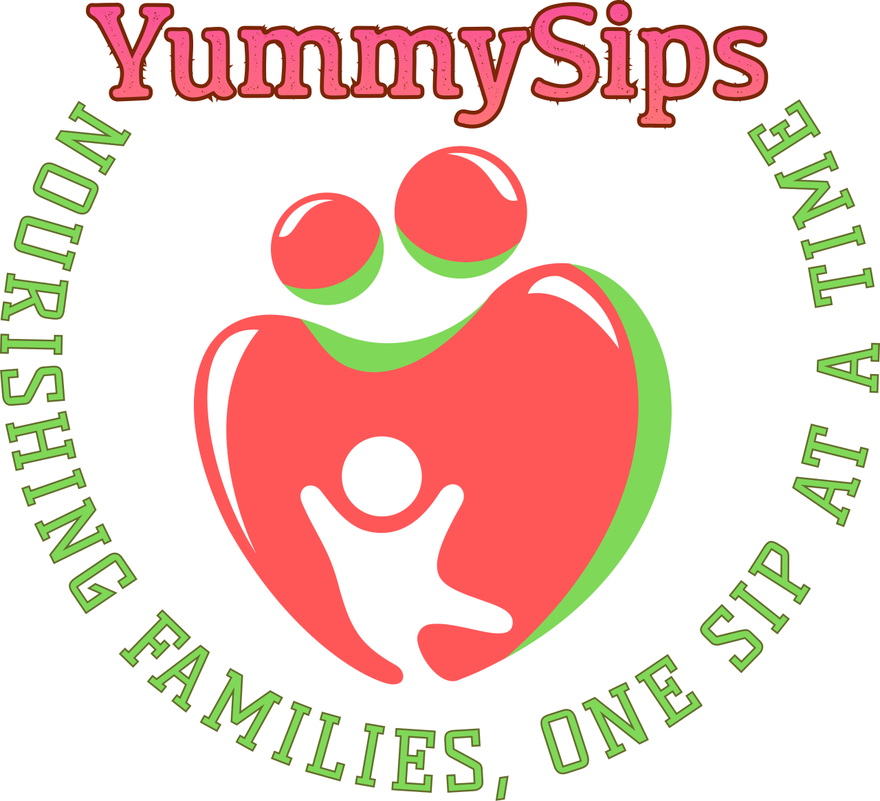 Logo for YummySips featuring a stylized heart with figures and the slogan 'Nourishing families, one sip at a time.'