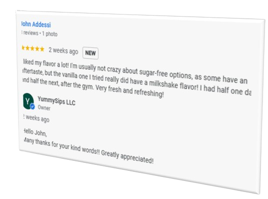 Screenshot of a Google review and response from a business, with a five-star rating for a flavor review, mentioning a vanilla flavor and milkshake flavor, and a reply thanking the reviewer.