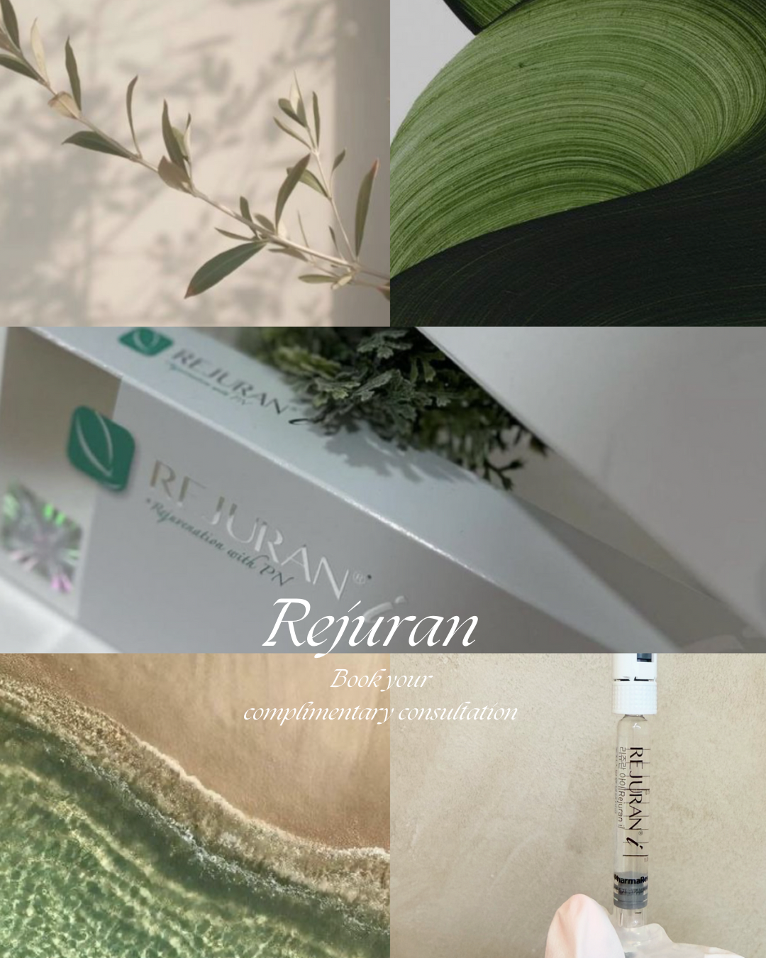 A collage of four images promoting Rejuran skincare products. The images include a sprig of greenery, a close-up of green leaves, a box of Rejuran product with herbs on top, and a hand holding a syringe labeled Rejuran against a beige background with text inviting to book a consultation.