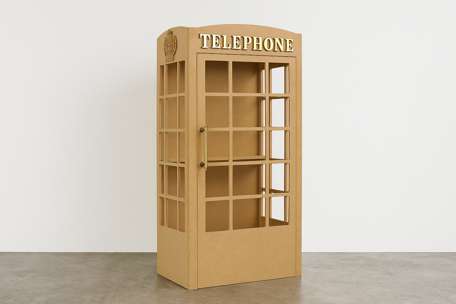 White collapsible telephone booth purchase with vintage rotary phone, floral wallpaper, brass handle, mirrored ceiling, tiled base, and 'Leave a Message' LED sign—perfect for weddings, parties, and audio guestbooks in Melbourne.