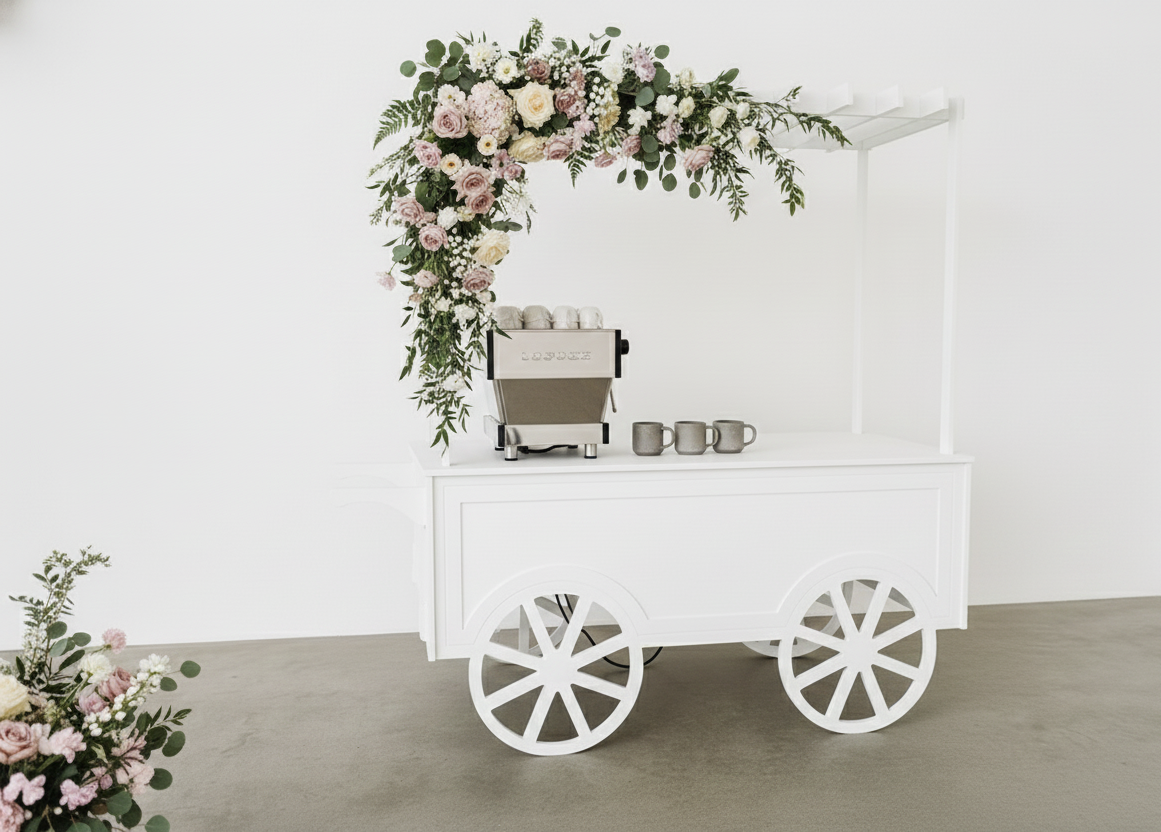 collapsible cart with long brass handle and cream fringe canopy. Ideal for styled pop-ups, wedding bars, and market displays. Click-together design, available to hire in Melbourne.