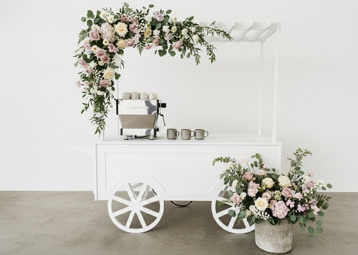 collapsible cart with long brass handle and cream fringe canopy. Ideal for styled pop-ups, wedding bars, and market displays. Click-together design, available to hire in Melbourne.