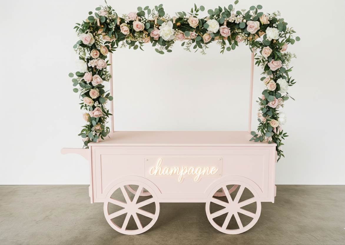 collapsible cart with long brass handle and cream fringe canopy. Ideal for styled pop-ups, wedding bars, and market displays. Click-together design, available to hire in Melbourne.