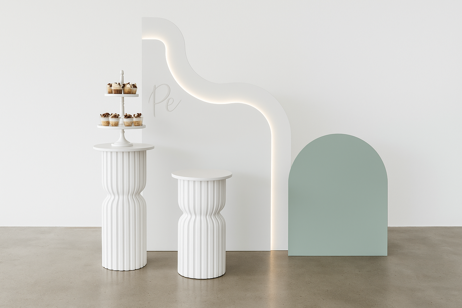 Minimalist white wave backdrop for hire or purchase. Flat-pack and folds in half for easy transport. Ideal for modern weddings, parties, and styled displays. Available in Melbourne.