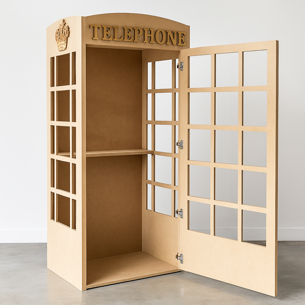 White collapsible telephone booth purchase with vintage rotary phone, floral wallpaper, brass handle, mirrored ceiling, tiled base, and 'Leave a Message' LED sign—perfect for weddings, parties, and audio guestbooks in Melbourne.