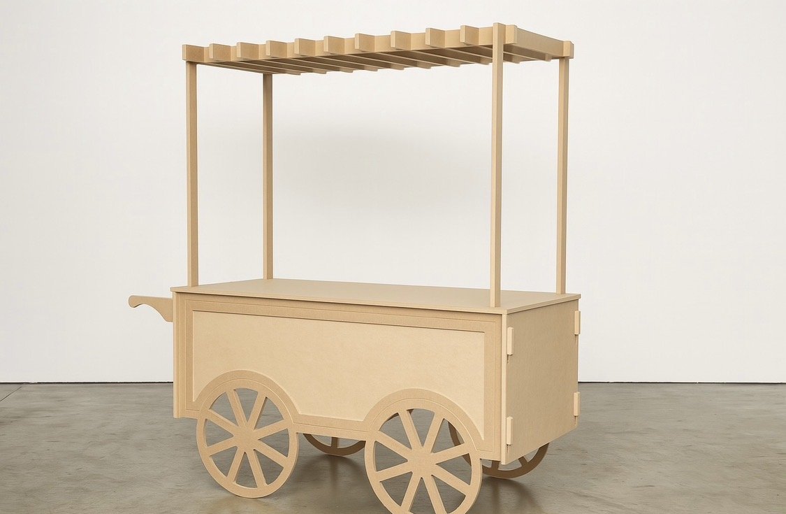 collapsible cart with long brass handle and cream fringe canopy. Ideal for styled pop-ups, wedding bars, and market displays. Click-together design, available to hire in Melbourne.