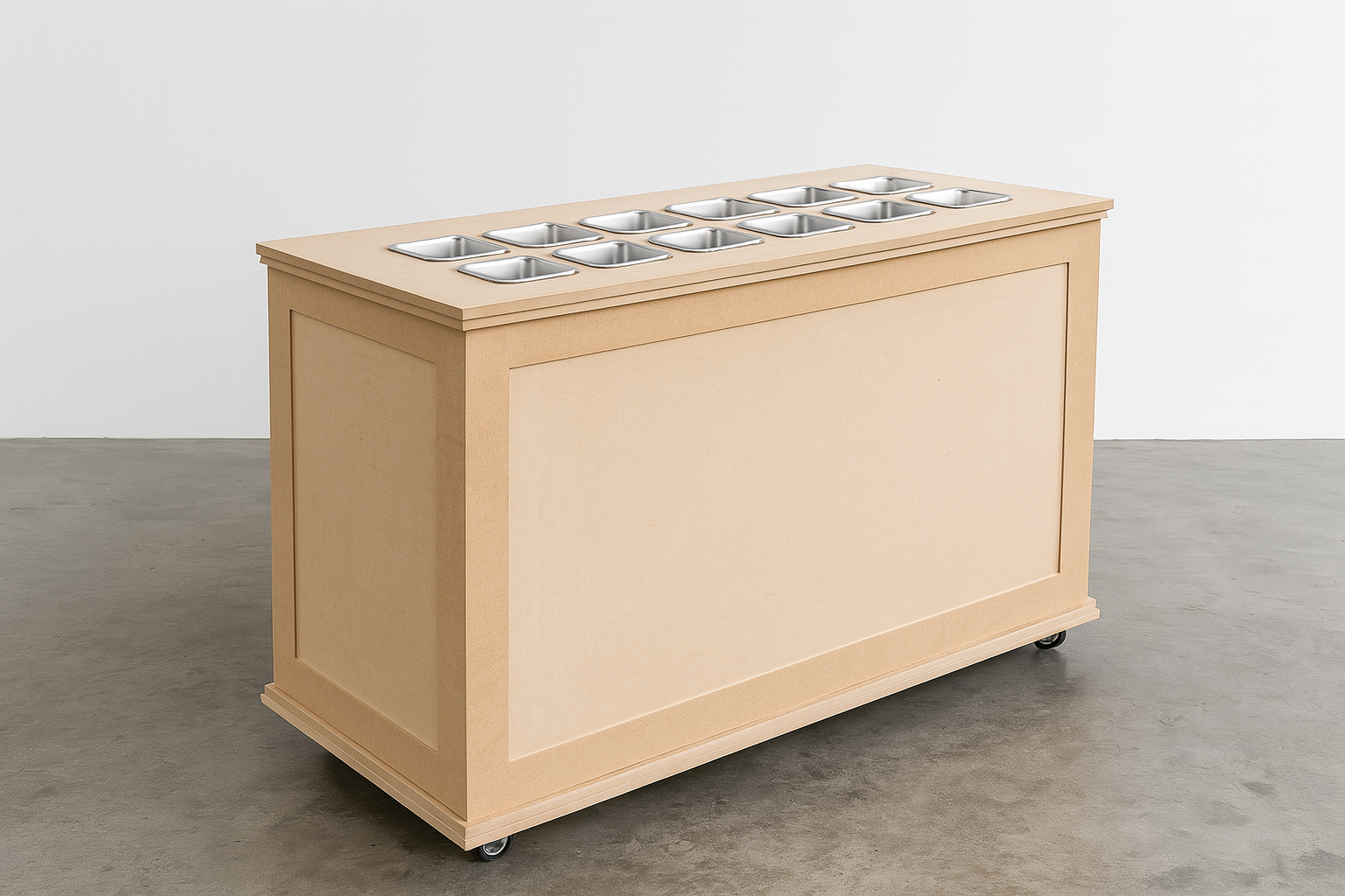 Premium click-together charcuterie cart with cut-outs for cheeses and olives; flat-pack, food-safe timber design for stylish grazing at weddings, parties, and events.