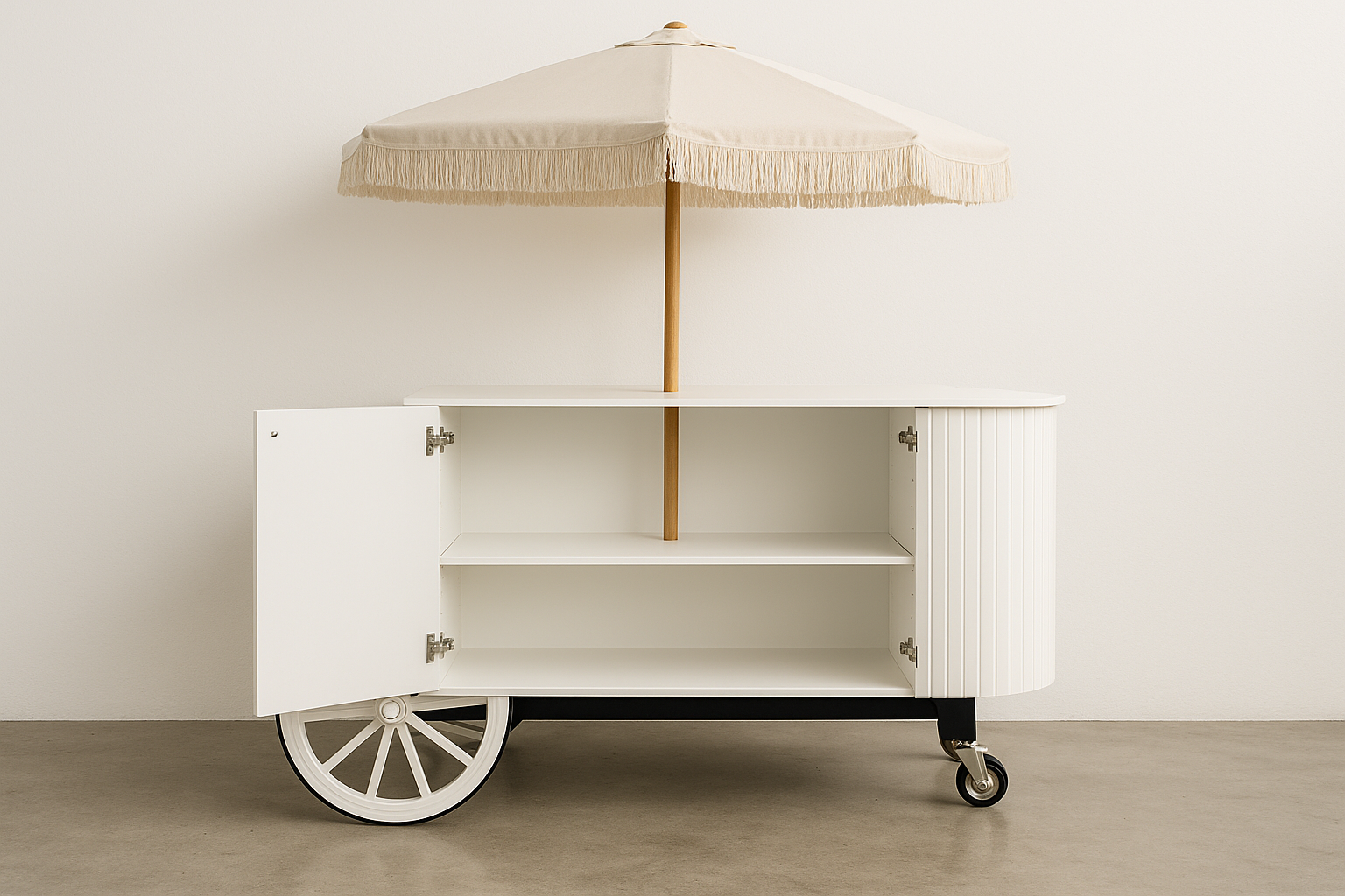 white event cart with umbrella—perfect for weddings, brand activations, and styled displays. Features curved ribbed panelling, brass handle, wheels for easy movement,