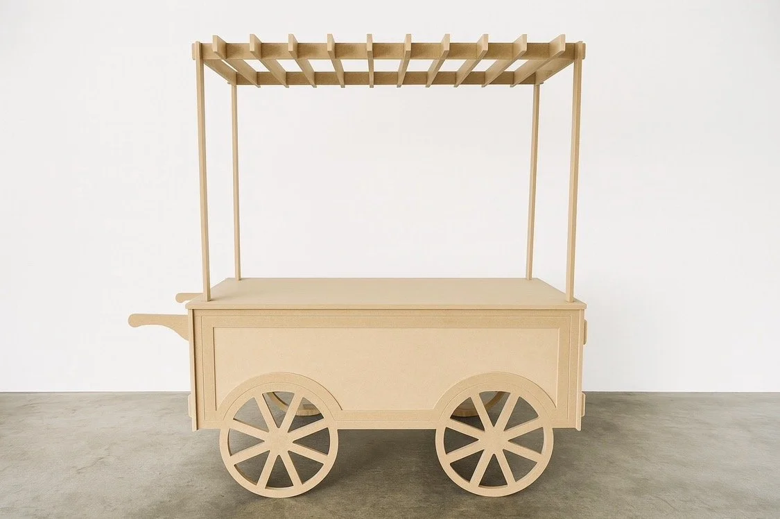 collapsible cart with long brass handle and cream fringe canopy. Ideal for styled pop-ups, wedding bars, and market displays. Click-together design, available to hire in Melbourne.