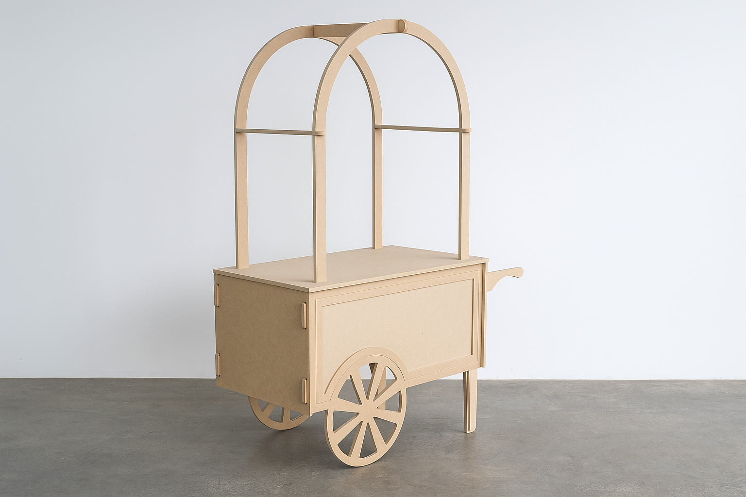 collapsible cart with long brass handle and cream fringe canopy. Ideal for styled pop-ups, wedding bars, and market displays. Click-together design, available to hire in Melbourne.