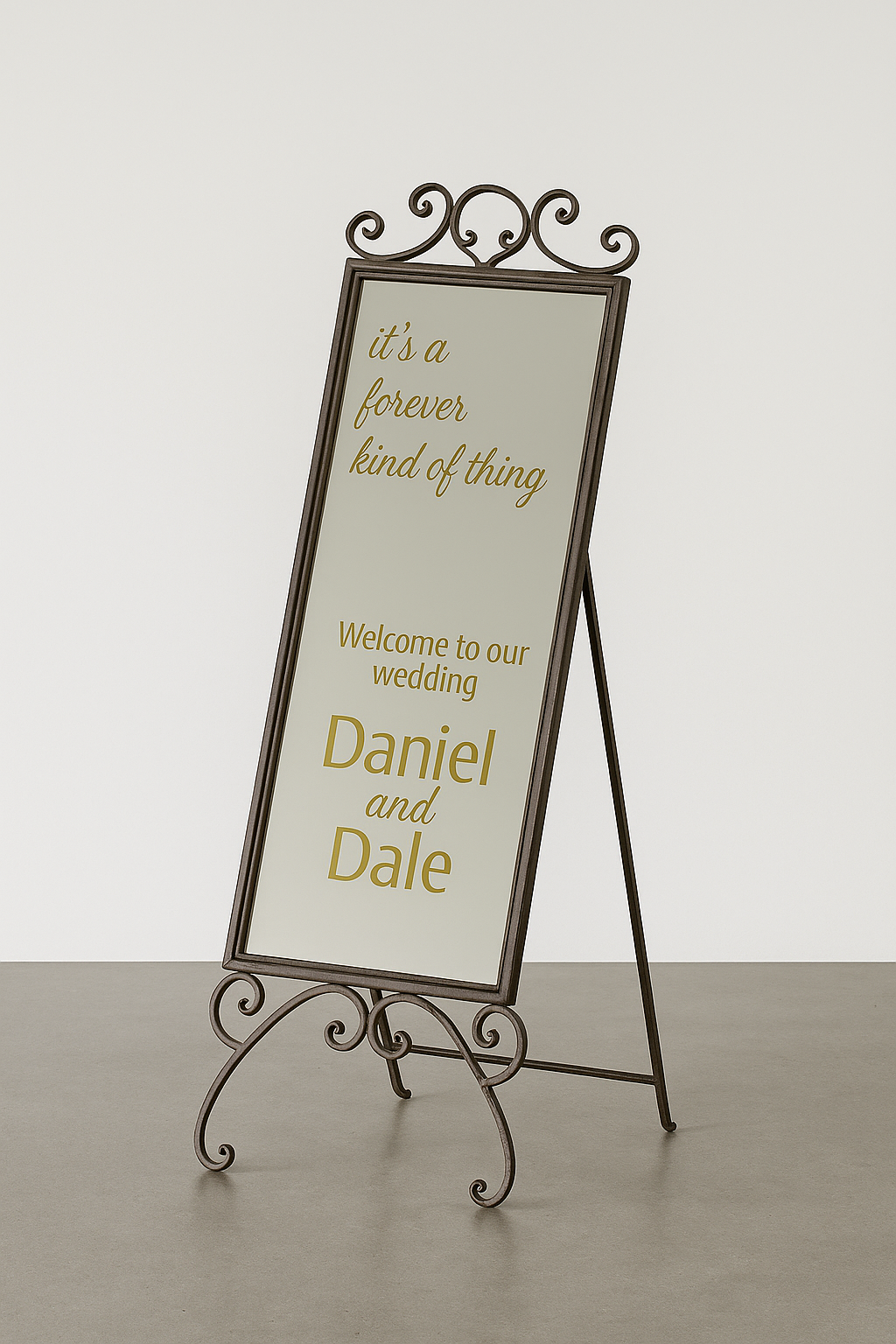 Antique gold full-length mirror hire for weddings and events. Features ornate vintage-style frame, ideal for signage displays or decorative styling. Available in Melbourne.
