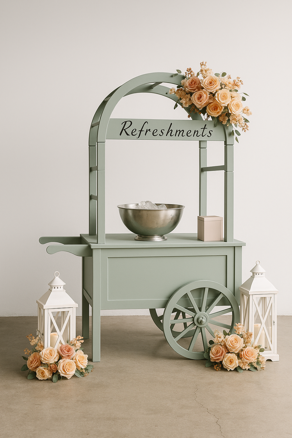 Sage green collapsible cart with long brass handle and cream fringe canopy. Ideal for styled pop-ups, wedding bars, and market displays. Click-together design, available to hire in Melbourne.