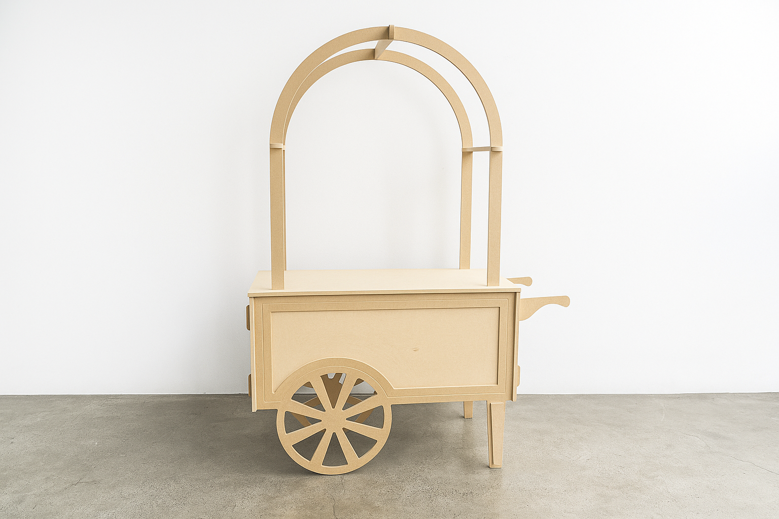 collapsible cart with long brass handle and cream fringe canopy. Ideal for styled pop-ups, wedding bars, and market displays. Click-together design, available to hire in Melbourne.