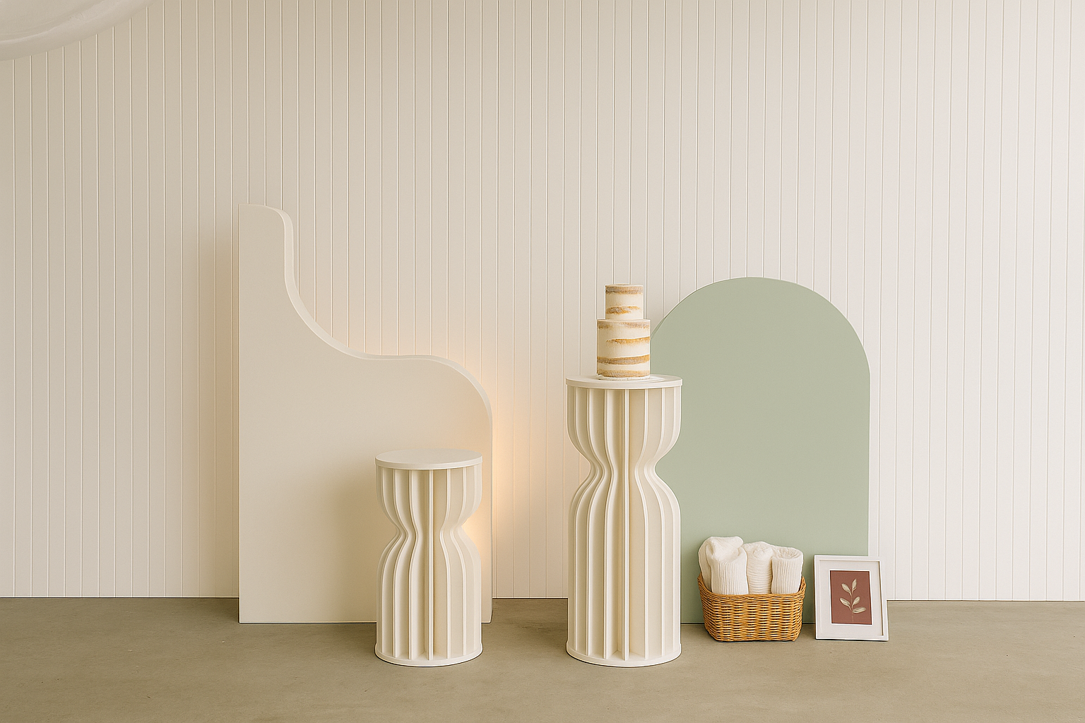 Minimalist white wave backdrop for hire or purchase. Flat-pack and folds in half for easy transport. Ideal for modern weddings, parties, and styled displays. Available in Melbourne.