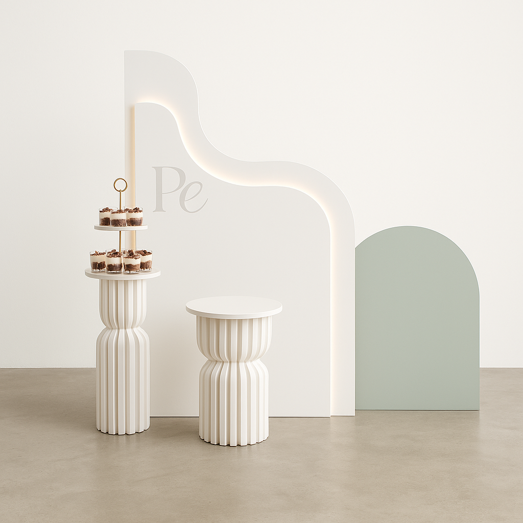 Minimalist white wave backdrop for hire or purchase. Flat-pack and folds in half for easy transport. Ideal for modern weddings, parties, and styled displays. Available in Melbourne.