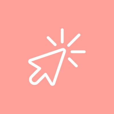 White computer cursor icon with lines indicating clicking or selection, on a pink background.