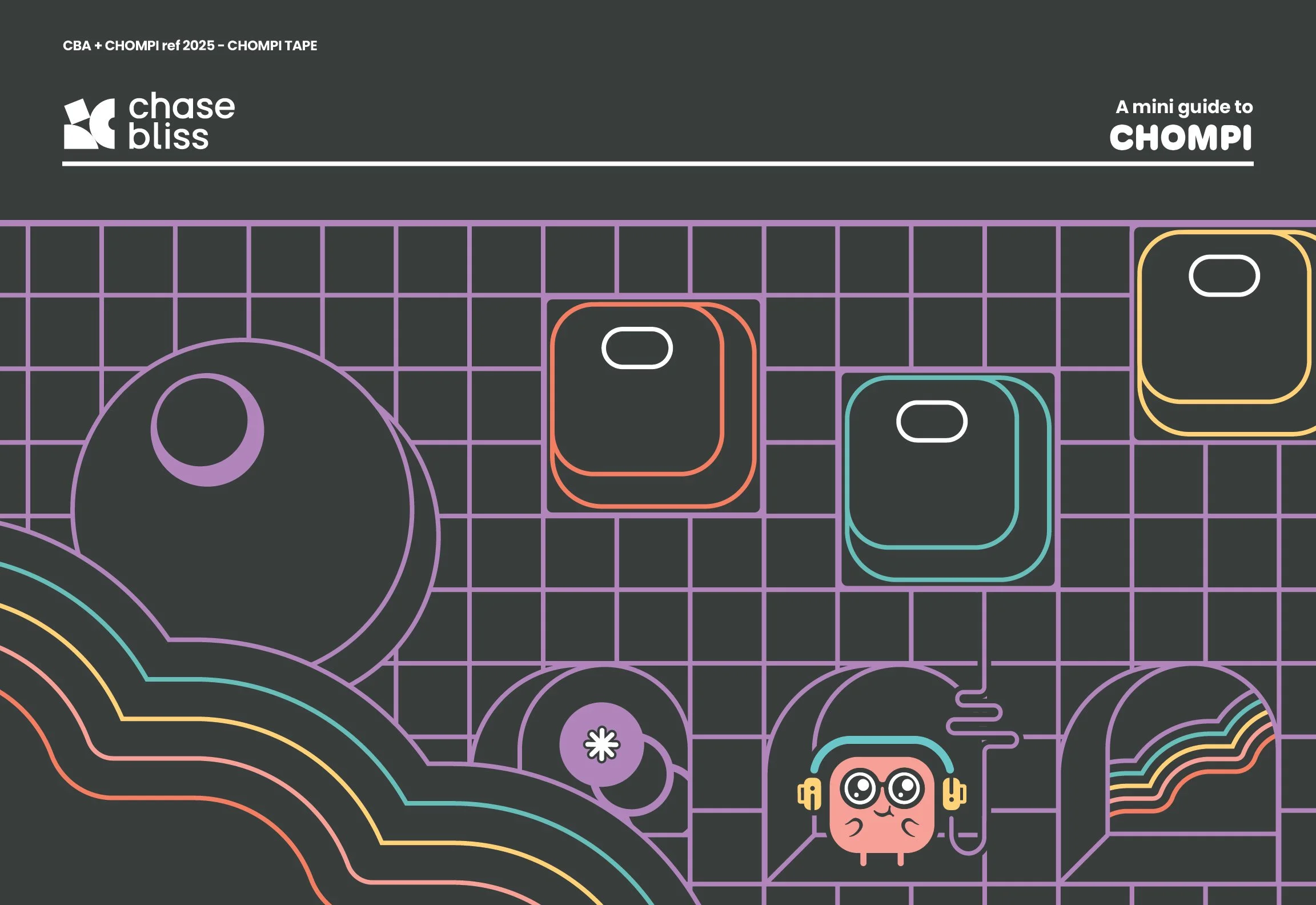 CHOMPI Mini Guide Front Cover - Retro grid illustrations with CHOMPI components like knobs and buttons, with CHOMPI character in bright colors