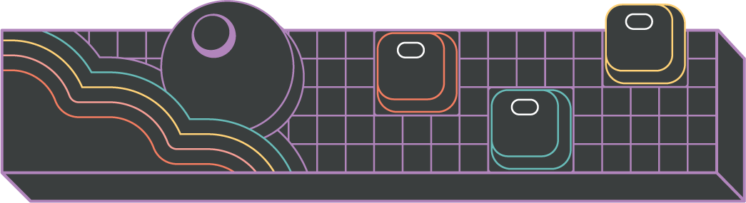 Digital drawing of a synthesizer or electronic musical keyboard with black background, colorful outlines, and knobs.