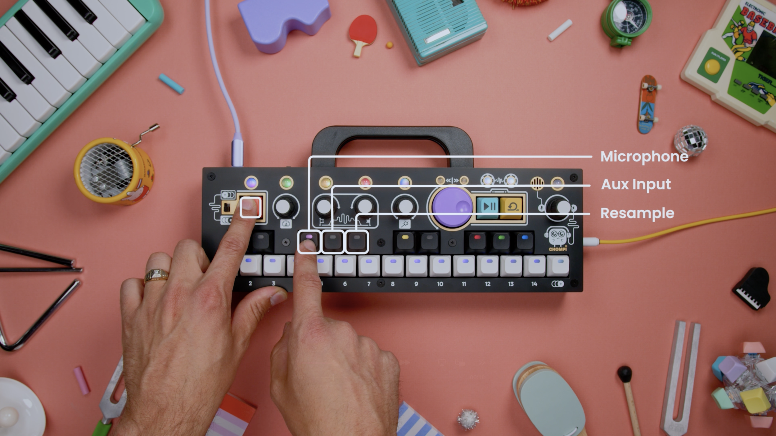 Showing how to press the CHOMPI key and select 1 of the input sources