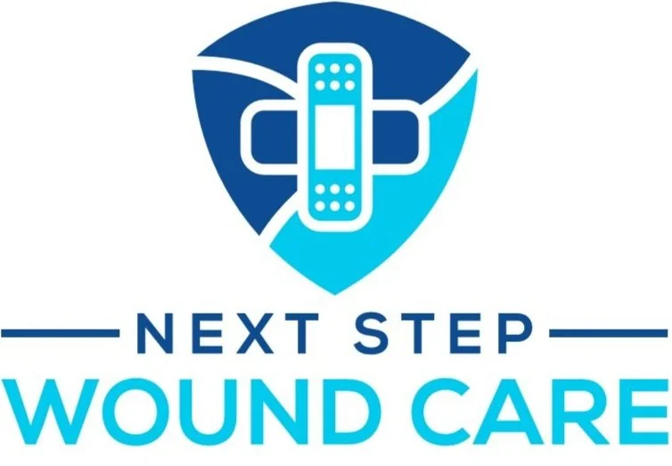 Logo for Next Step Wound Care featuring a shield with a bandage in the center.