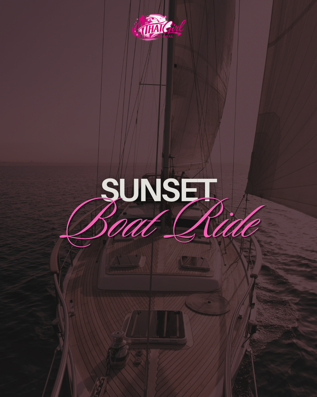 Sailing yacht on open water at sunset with sails up and water ripples visible, pinkish sky in the background, with text overlay 'Sunset Boat Ride' and a pink logo at the top.