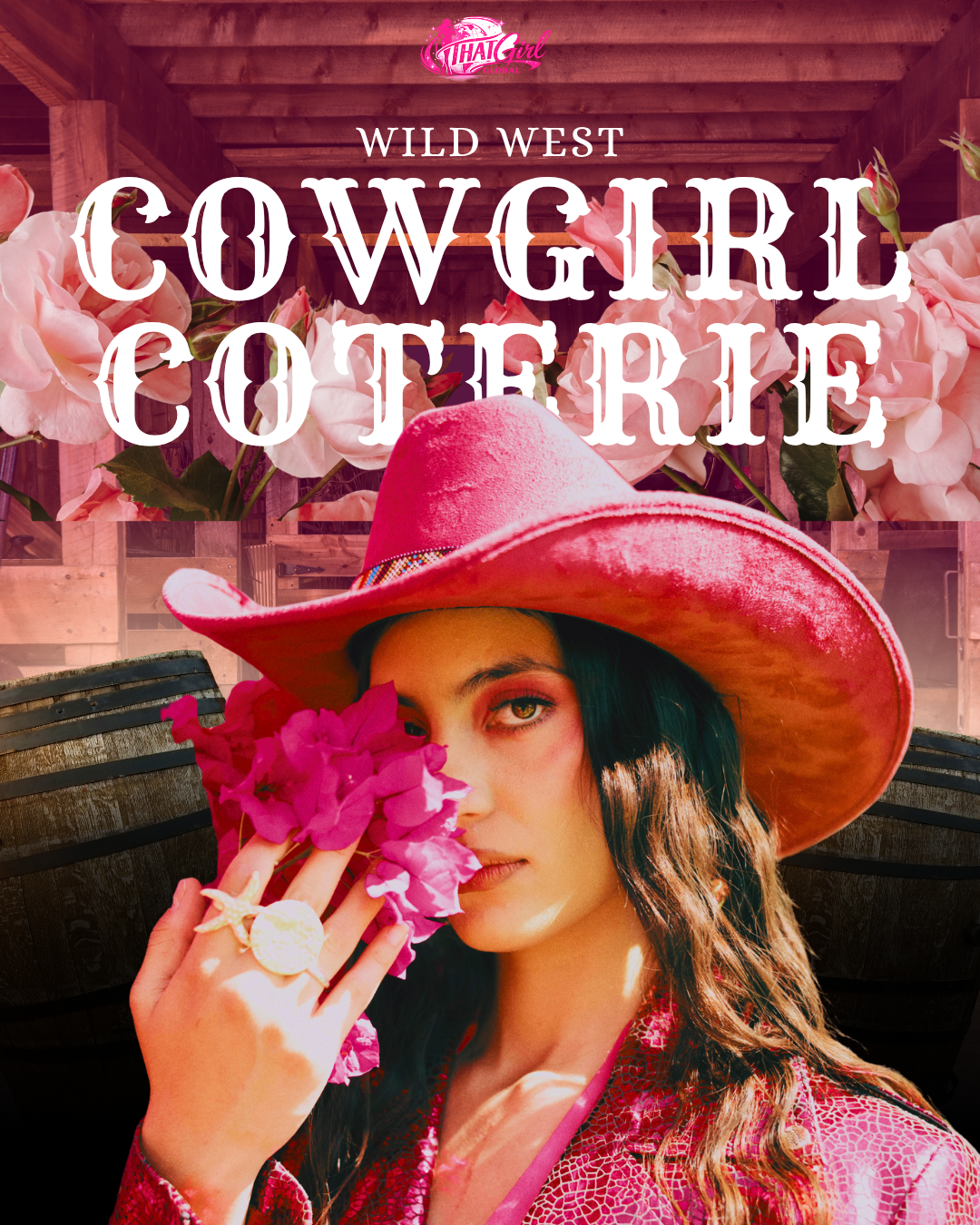 A woman in a pink hat and red patterned jacket holds pink flowers near her face, with a background of pink hydrangeas and a wooden structure, promoting a wild west cowgirl coffee brand.