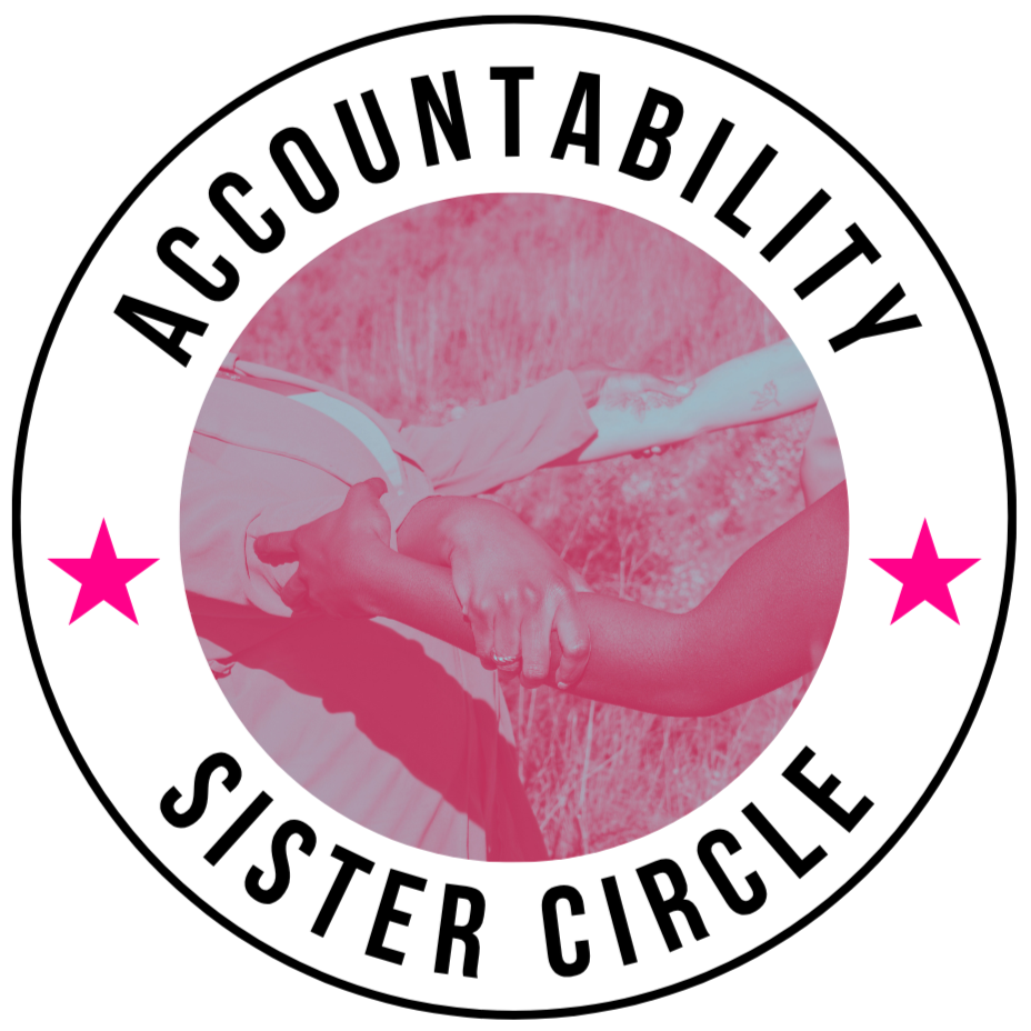 Logo with the text 'Accountability Sister Circle' and a pink circle in the center showing two women holding hands.