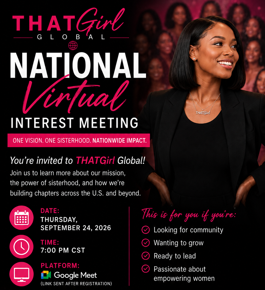 Graphic advertisement for a virtual event called 'THATGirl Global National Virtual Interest Meeting' featuring a smiling woman with shoulder-length black hair, wearing a black blazer and necklace, with a background of multiple women smiling.