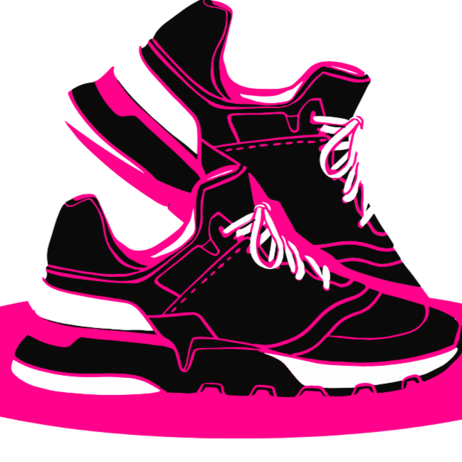 Stylized digital illustration of a pair of black and pink sneakers on a pink surface.