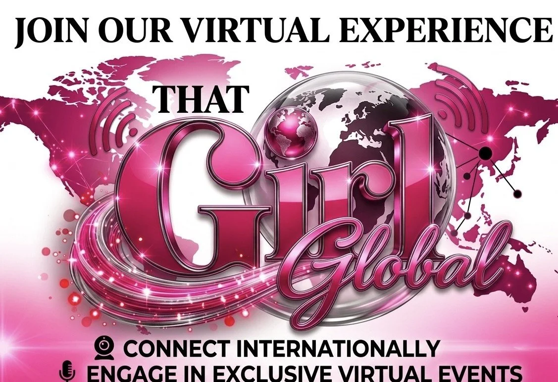Pink and black promotional graphic for a virtual event called Girl Global, featuring a world map, wireless signals, and text inviting to connect internationally and engage in exclusive virtual events.