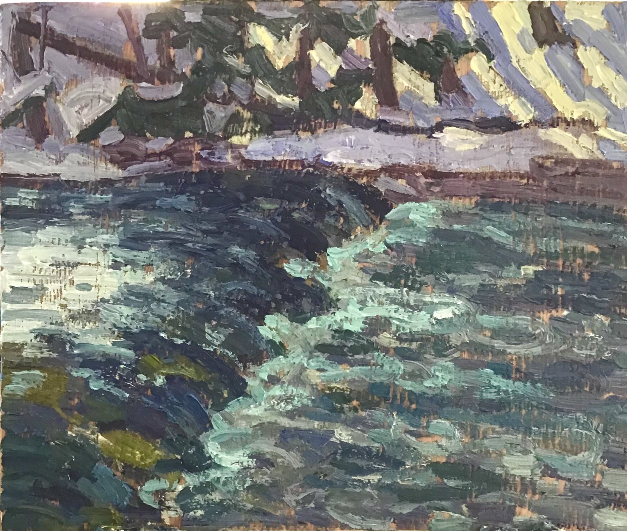Spring Rapids, Hoggs' Falls / oil on wood / 8"x9.5" / $225