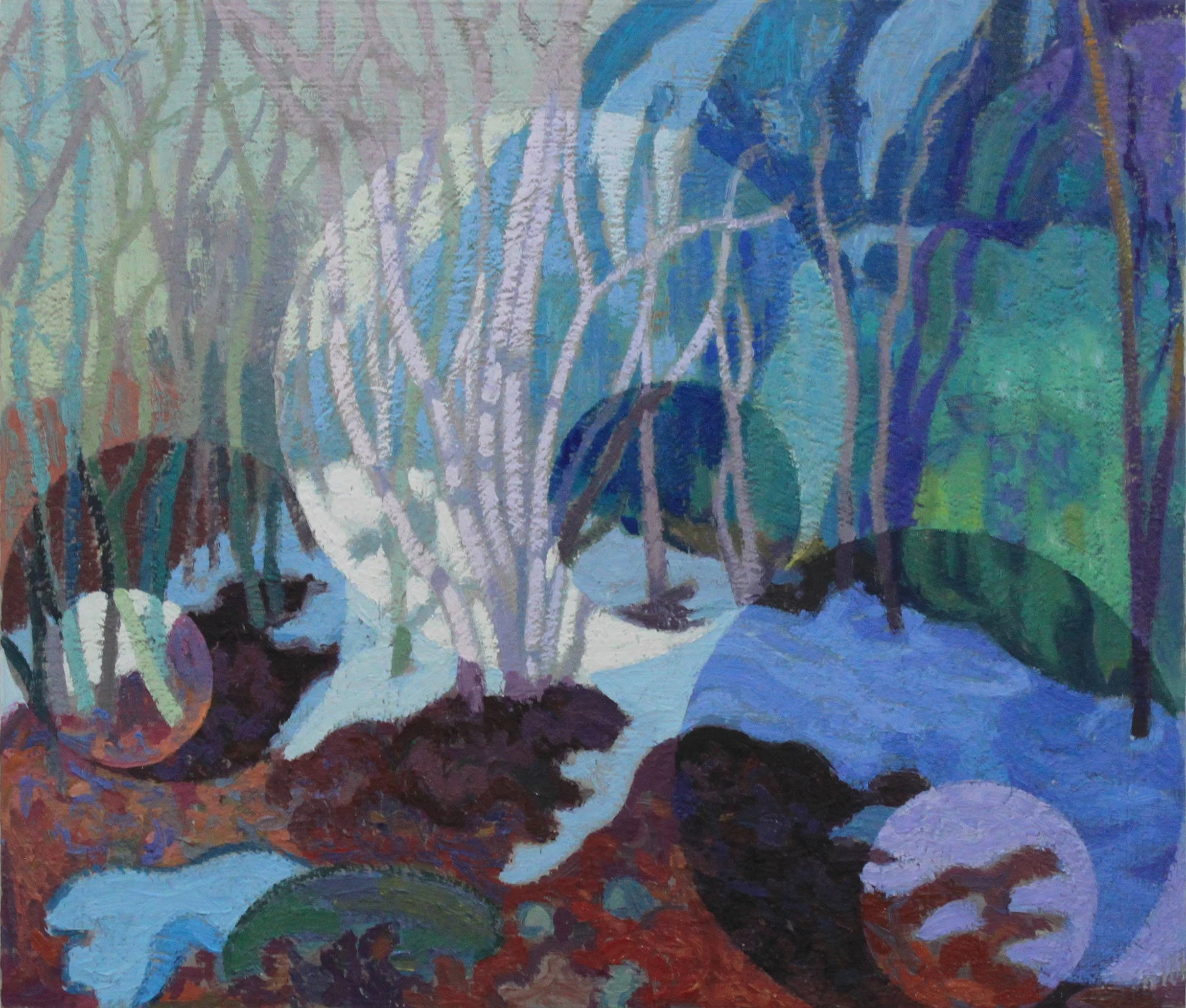 Decomposing Leaves, Cliff & Birches / oil on wood / 52cm x 60.8cm / sold