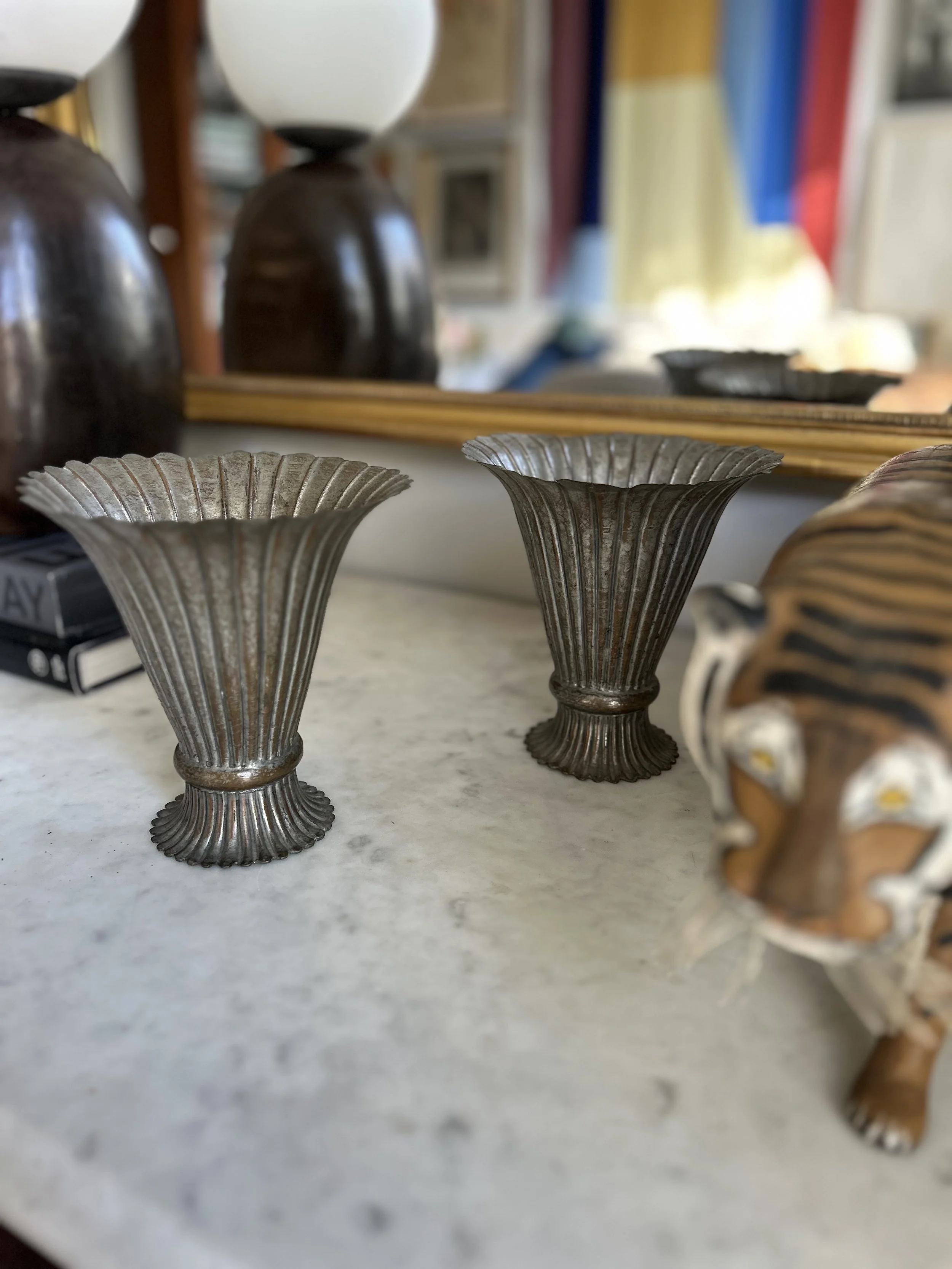 Pair of Fluted Metal c. 1920s Chinese Vases