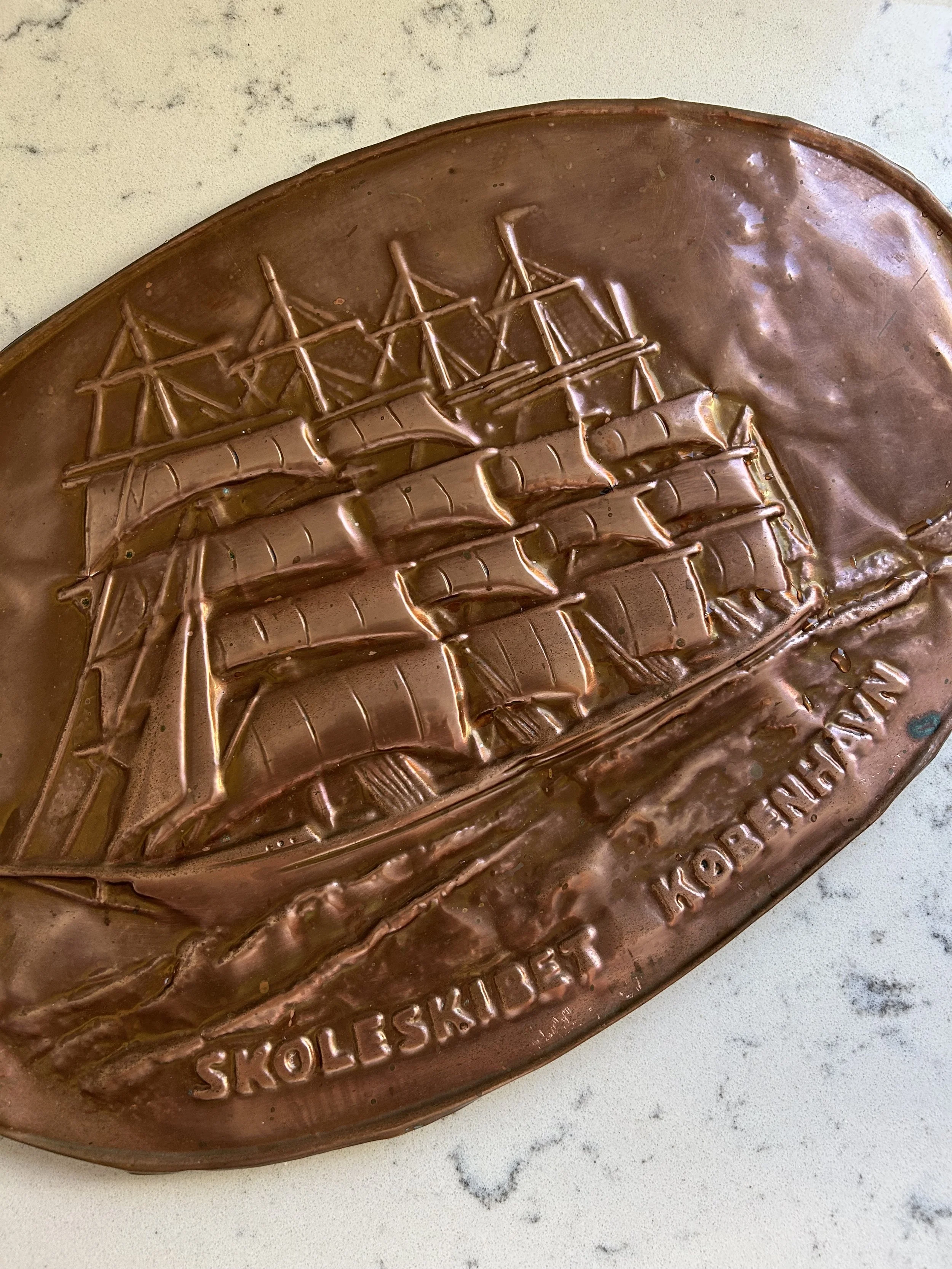 Vintage Handmade Copper Relief of Skoleskibet Kobenhavn