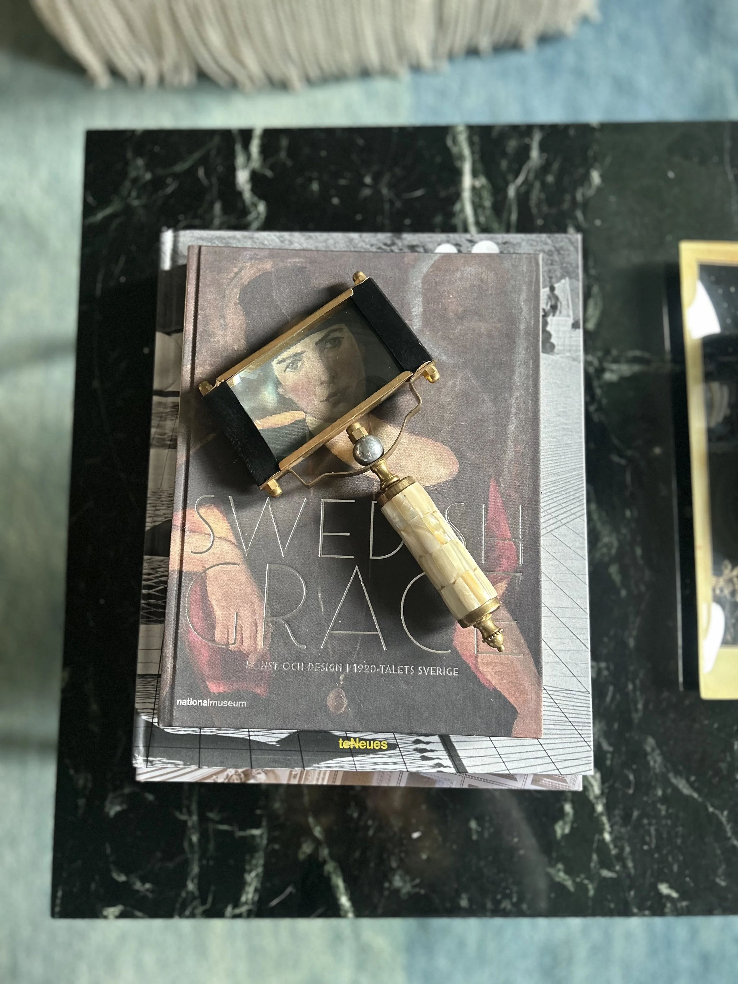 Vintage Brass Rectangular Magnifying Glass with Mother of Pearl Handle