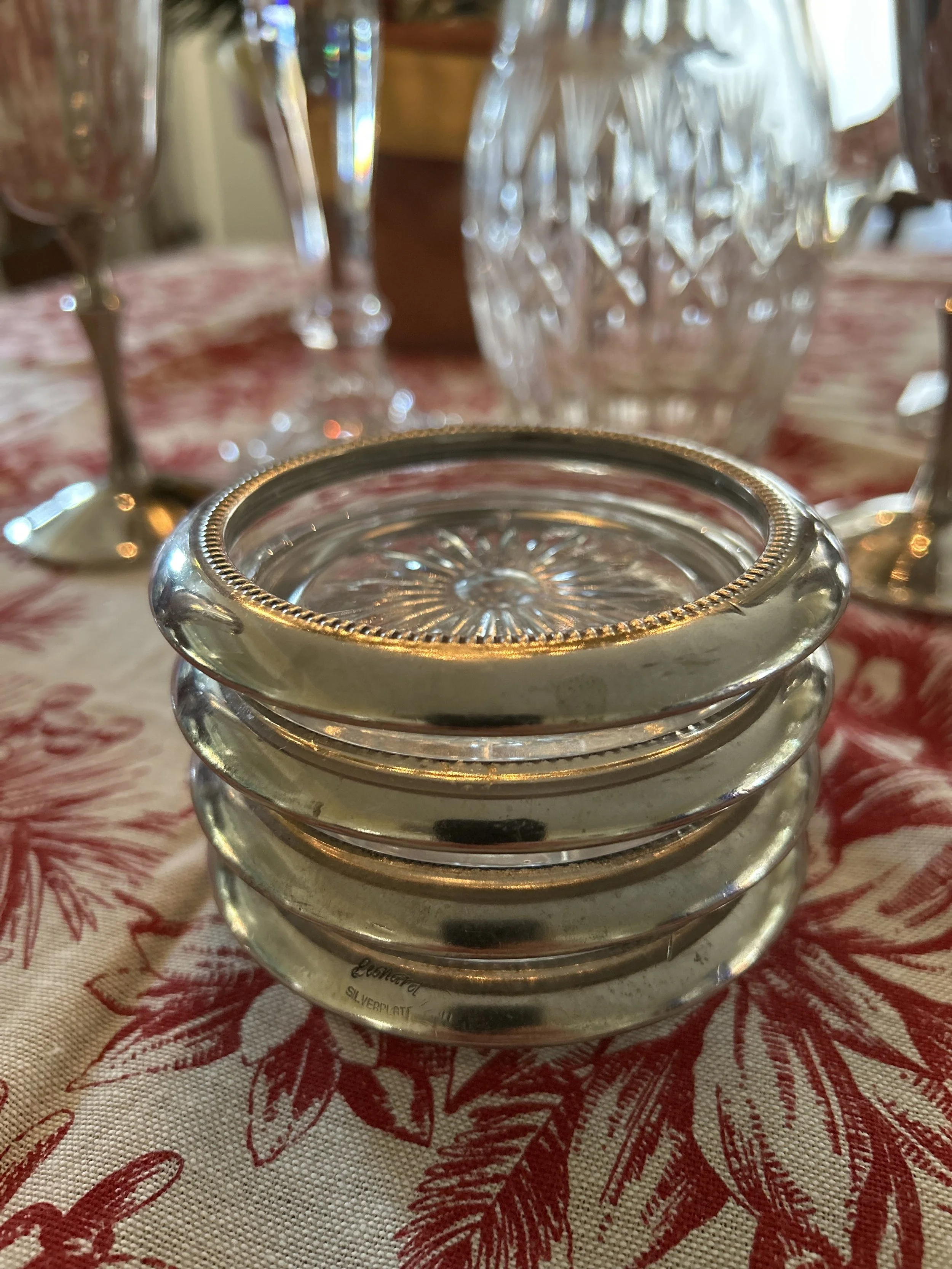 Set of Four Vintage Crystal and Silver Plate Coasters