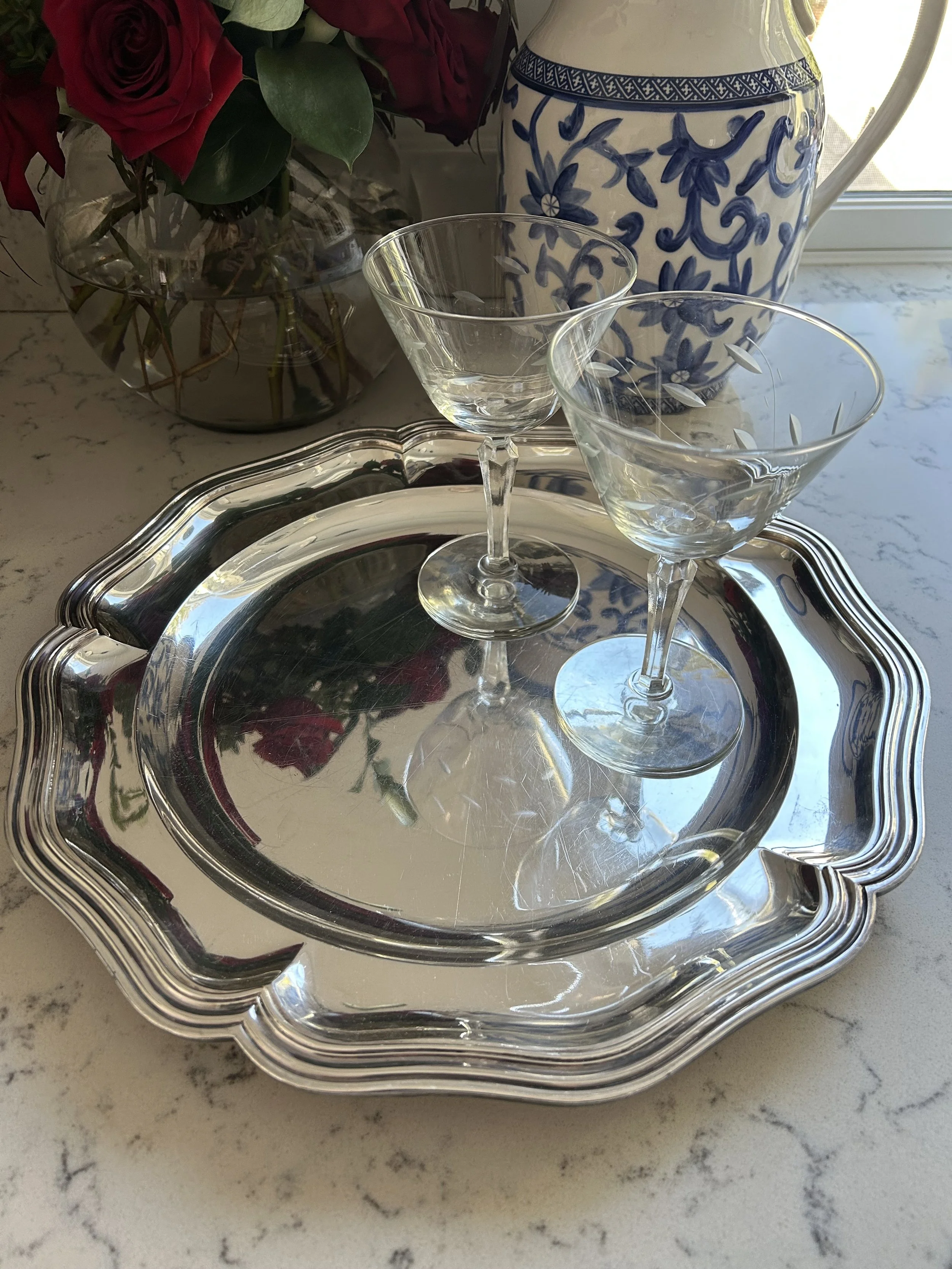 Antique Silver Plate Round Tray with Scalloped Edge
