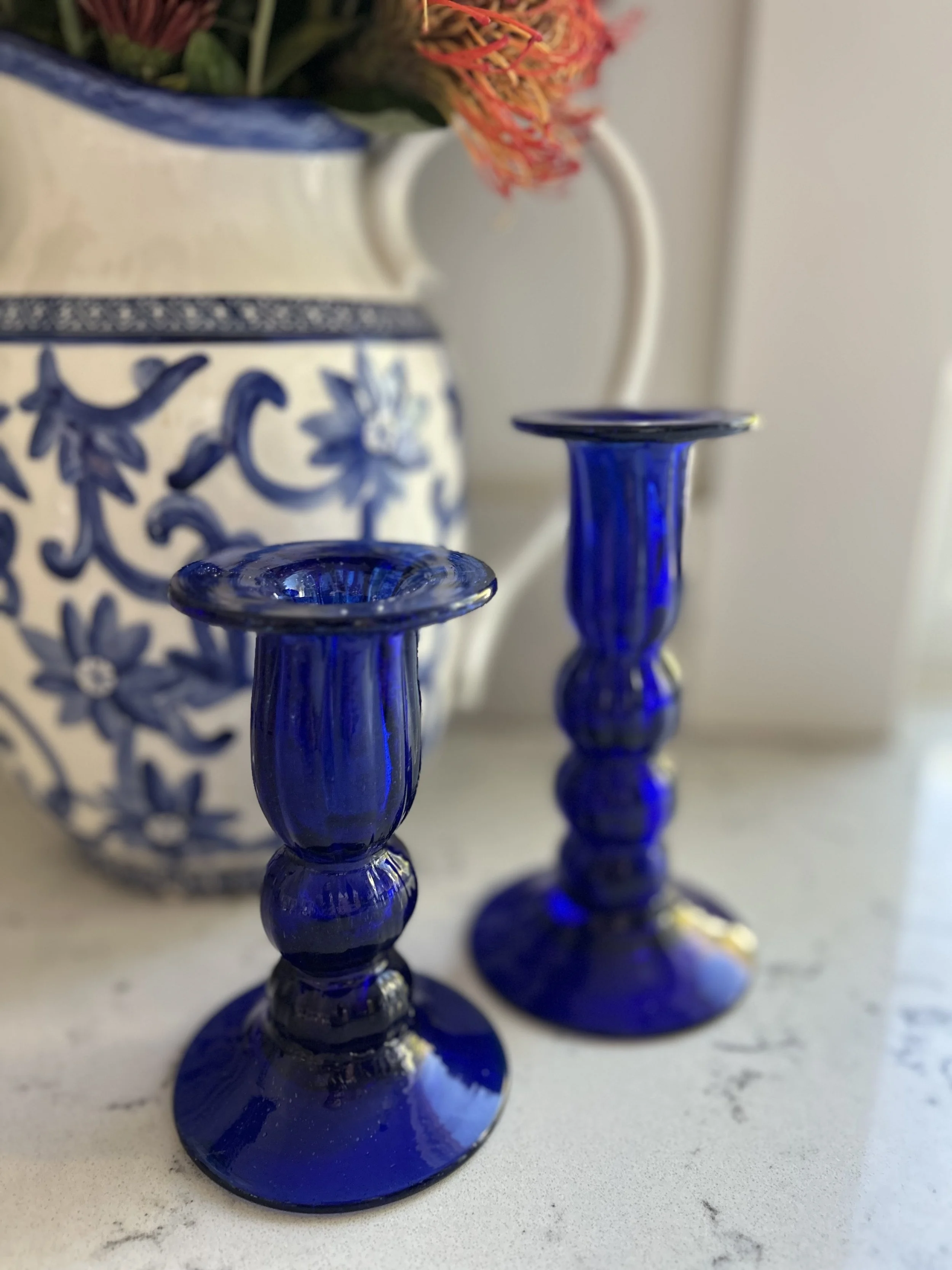 Pair of Vintage Blue Glass Candlesticks