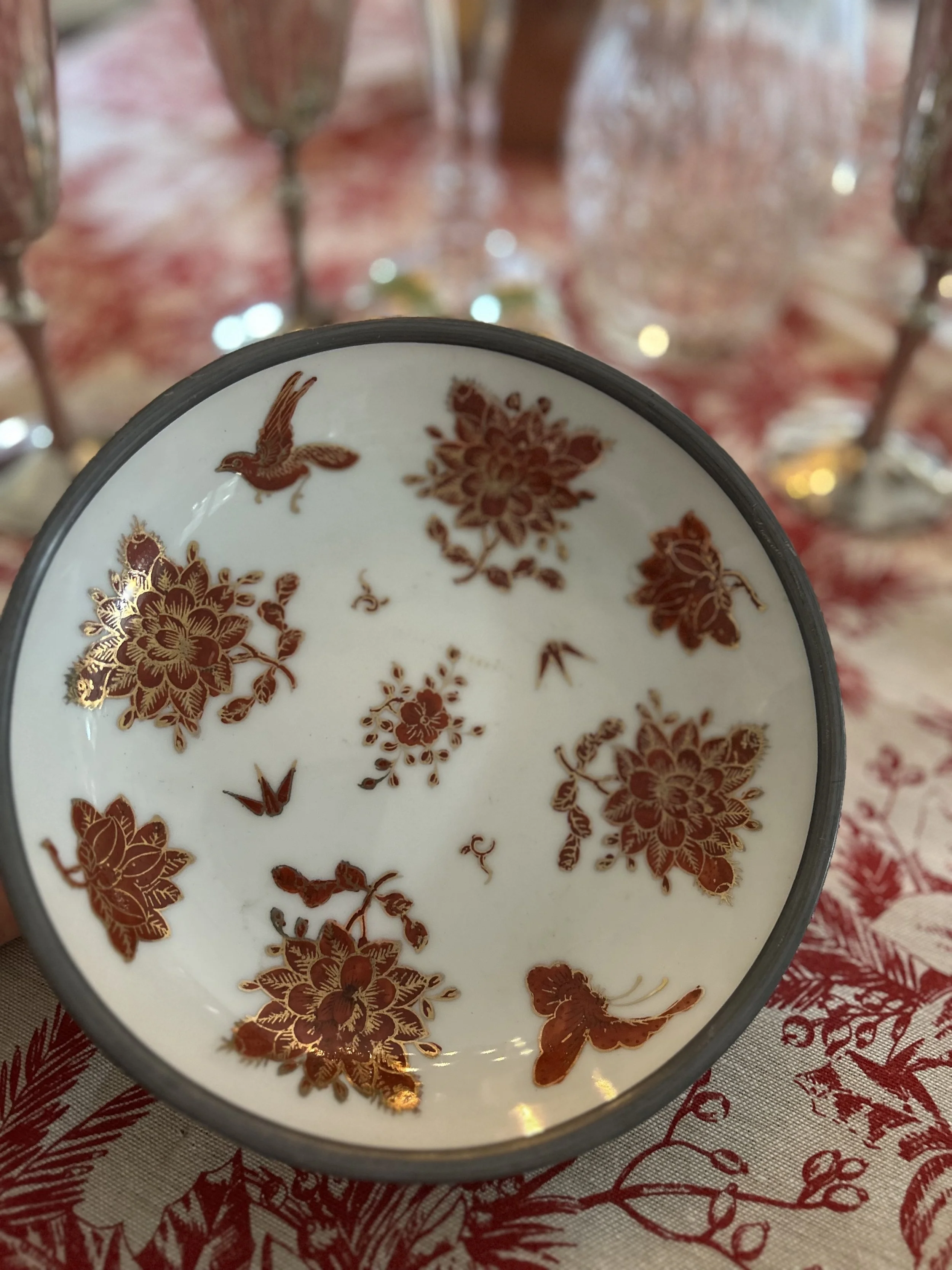 Vintage Japanese Porcelain Plate with Pewter Surround