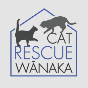 Logo for Cat Rescue Wānaka featuring two black cats and a house outline.