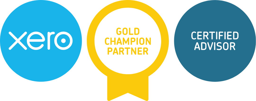 Three circular logos with the texts "Xero", "Gold Champion Partner", and "Certified Advisor" from left to right.