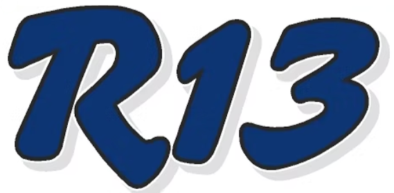 Comic-style text with the characters 'R13' in blue with a black outline.