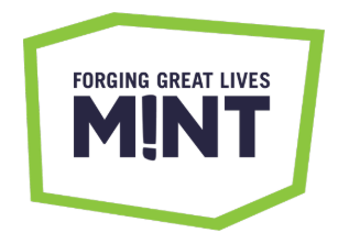 Logo for Mint with the slogan "Forging Great Lives" inside a tilted green rectangular border.