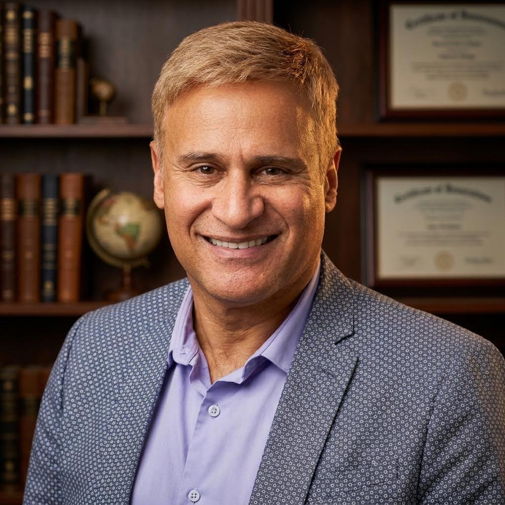 A smiling middle-aged man with short gray hair wearing a checked suit jacket and pink dress shirt in front of bookshelves filled with books.