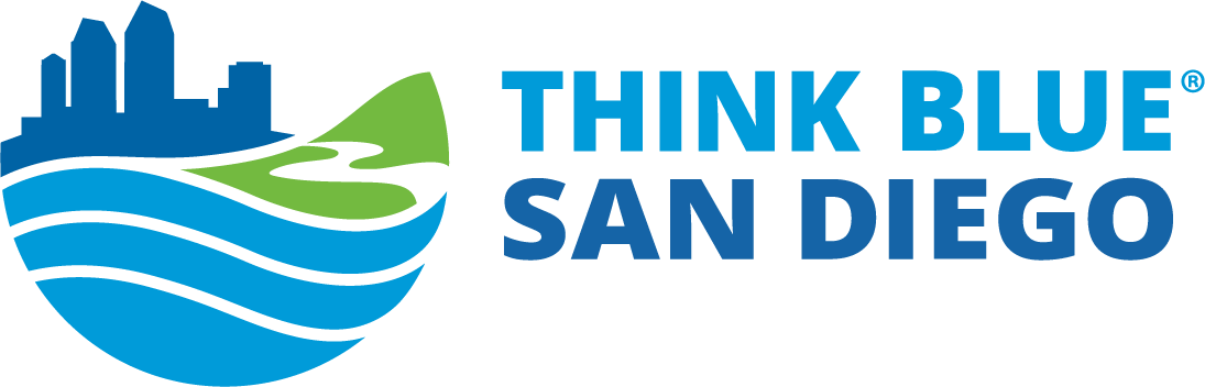 Logo for Think Blue San Diego featuring a stylized blue wave, green land, and city skyline with the text 'THINK BLUE SAN DIEGO'.