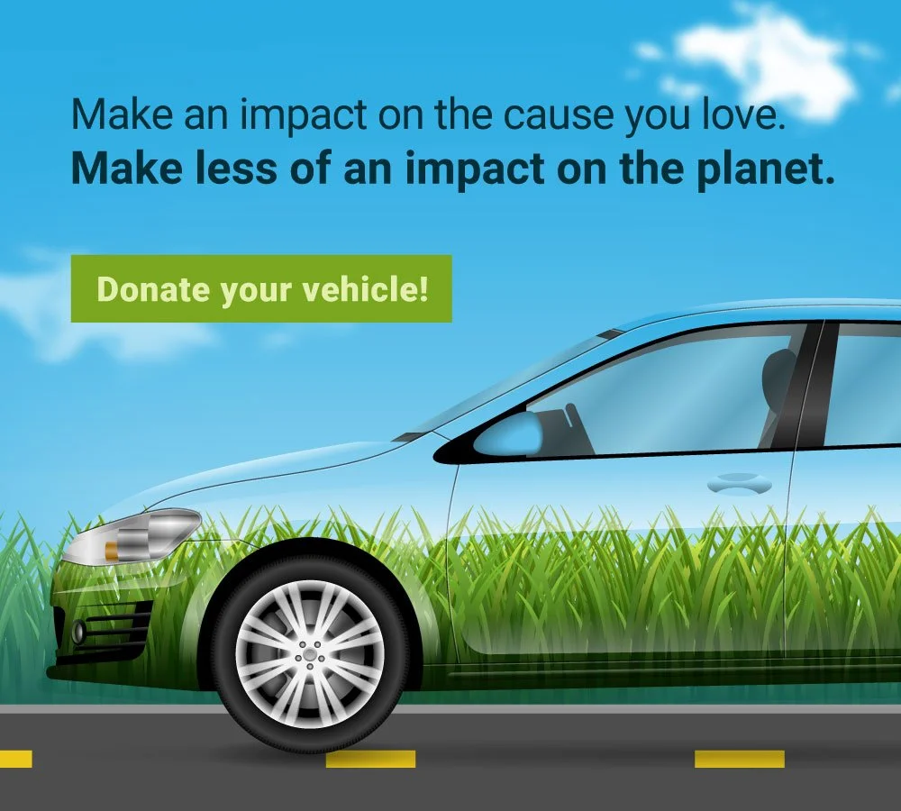 A flyer with a silver sedan car and text promoting donation of vehicles for repairs, mentioning tax deductions and accepting all vehicle types.