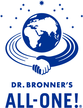 Illustration of a globe hugging a hand, surrounded by stars and rings, with the text 'Dr. Bronner's All-One!' underneath.