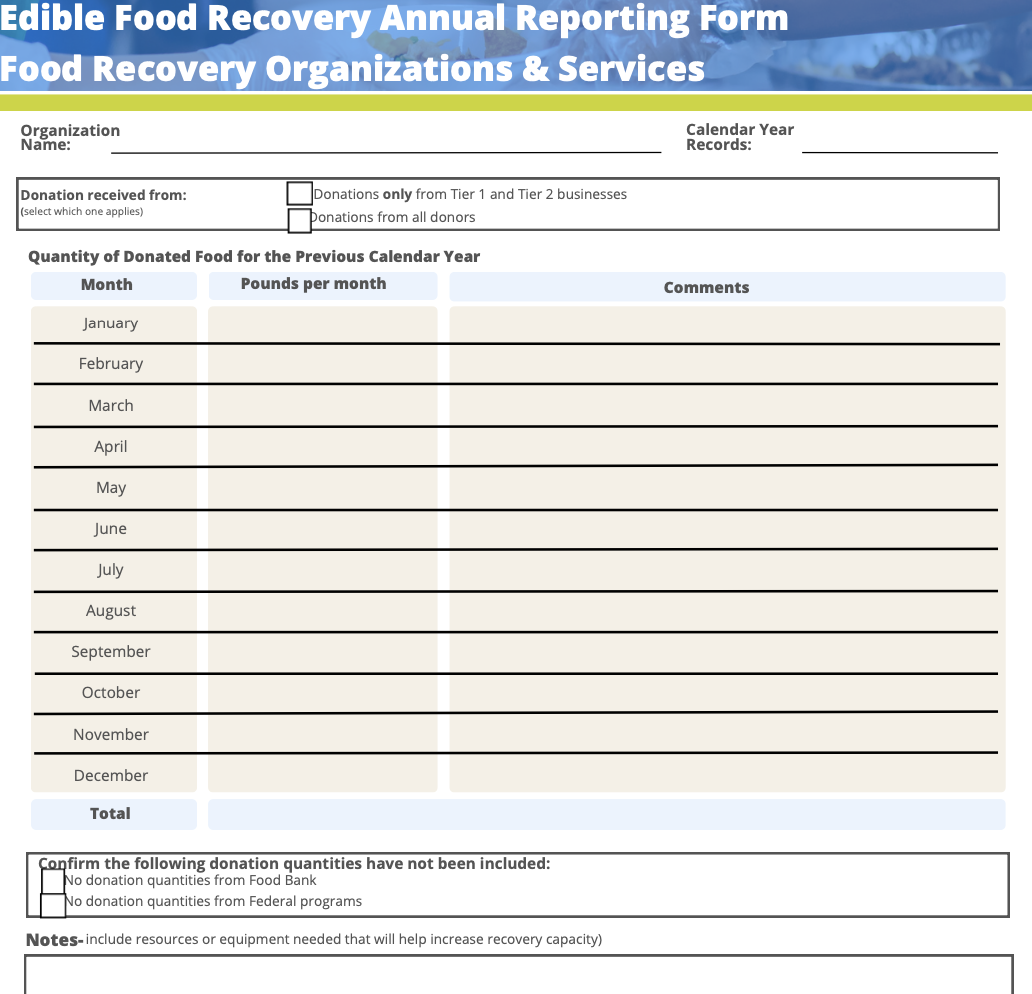 A blank edible food recovery annual reporting form with sections for organization name, calendar year records, donation details, monthly quantities of donated food, comments, and notes, along with checkboxes for additional donation sources and confirmation of excluded donation quantities.