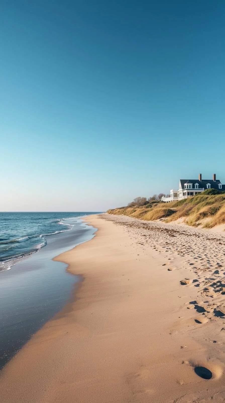 Sunlit sandy beach with gentle waves and a house on the grassy sand dunes in the distance under a clear blue sky.